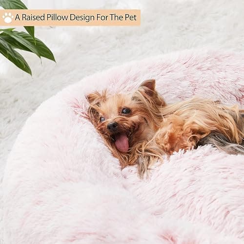 WNPETHOME Round Calming Pink Small Dog Bed Cat Bed for Comfy Sleeping, Cute Washable Puppy Bed with Fluffy Plush, Faux Fur Anti Anxiety Pet Bed Donut Cuddler (20 x 20 x 8 Inch) thumbnail 4