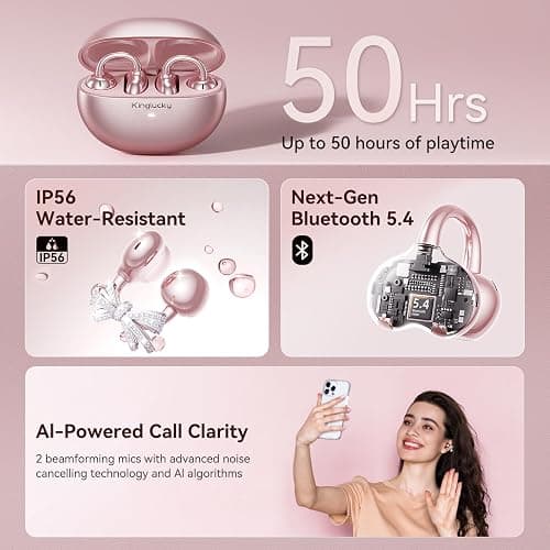 Kinglucky Jewelry-Inspired Clip-On Earbuds with Bow Earrings, Comfortable Fit & 50H Playtime Open Ear Bluetooth 5.4 Wireless Headphones for Women, Small Ears, Sports & Workouts (Pink) thumbnail 6