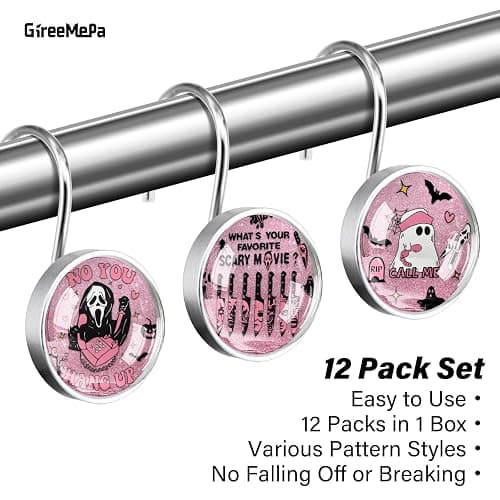 12 Pcs Gothic Horror Face Inspired Shower Curtain Hooks – Round Decorative Bathroom Rings – Rustproof Glass Surface Stainless Steel for Spooky Theme Decor thumbnail 4