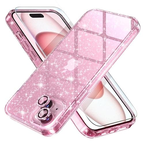Choiche Compatible for iPhone 15 Case Women Phone Case, Cute Bling Sparkly, Military Grade Drop Protection, 2 Diamond Camera Lens Covers, 2 Tempered Glass Protectors, 6.1 inch (Glitter Pink) - Image 1