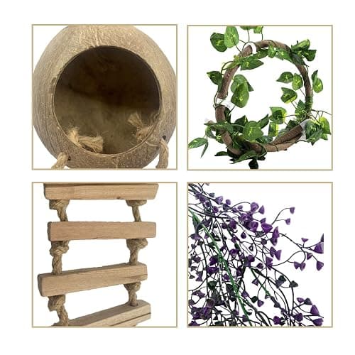 MUYG Crested Gecko Coconut Hut with Ladder,Bearded Dragon Coco Den Reptile Shell Hideout Husk Hut Climbing Plants Leaves Tank Accessories for Lizard Chameleon Snakes thumbnail 4