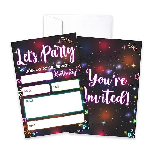 CLIRBE Let's Party Birthday Party Invitations, Glow Neon Invited Birthday Invitations For Teen Boys Girls, 20 Invites Cards With 20 Envelopes, Party Supplies Favors -H16 - Image 1