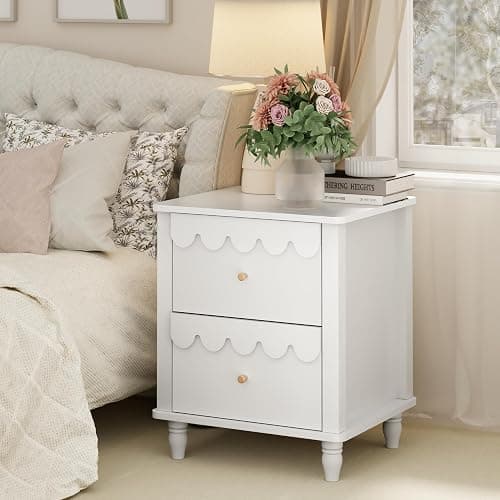 White Nightstand Side End Table with 2 Drawers, Modern Wood Night Stand with Petal Pattern for Bedroom, Scalloped Bedside Night Tables with Solid Wood Legs thumbnail 4
