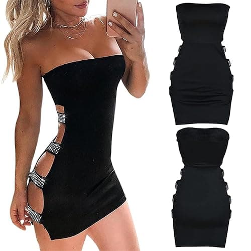 Loalirando Abito Corto Sexy Donna Mini Abito Estivo Vestito Elegante Senza Spalline Nero Clubwear Festa thumbnail 2