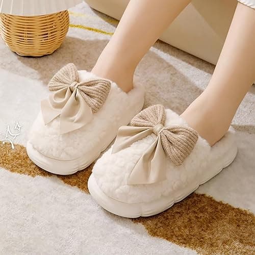 HANDKEI Women's Slippers Warm Plush Bow Indoor Anti slip Home Thick Sole Winter Slippers thumbnail 2