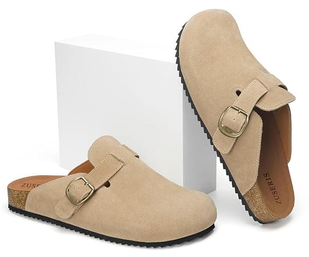 ZUSERIS Women's Men's Suede Clogs Wide Width Leather Mules Cork Footbed Potato Shoes Comfort Slip on Sandals with Arch Support thumbnail 6