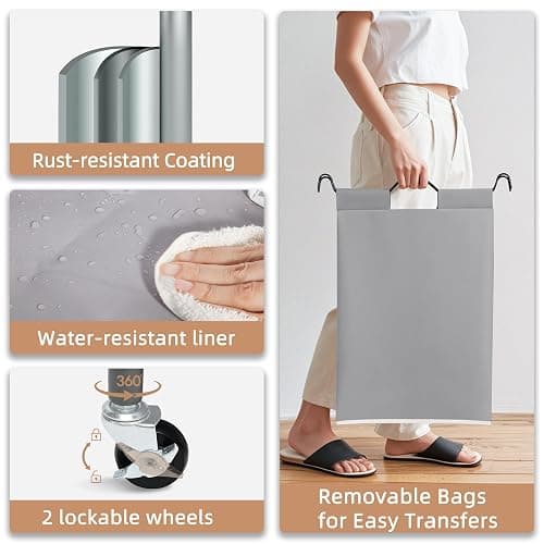 STORAGE MANIAC 5 Section Laundry Sorter, 5 Bins Rolling Separator Laundry Basket, Dirty Clothes Hamper Divider with Heavy Duty Lockable Wheels, Large Clothes Organizer Cart, Gray thumbnail 5