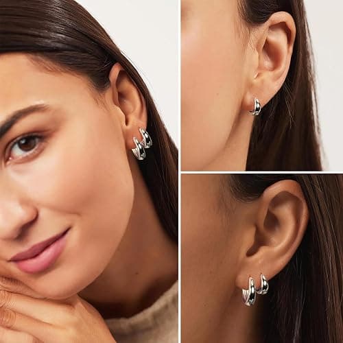 Poxtex Small Sterling Silver Huggie Hoop Earrings Set for Women, Hypoallergenic 14K Gold Plated Hoops Stacks for Multiple Piercings, Dainty Cute Mini Lightweight Cartilage Studs Trendy Jewelry Gift thumbnail 6