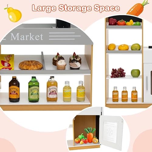 HONEY JOY Kids Grocery Store Playset, Wooden Play Store with Shopping Cart, Toddler Supermarket Checkout Stand w/Blackboard, Display Shelves, Grocery Store Pretend Play, Gift for Boys Girls, Natural thumbnail 6
