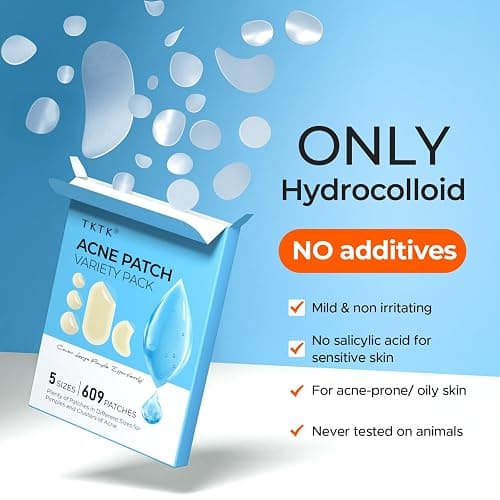 TKTK 609 Count Pimple Patches for Face, Hydrocolloid Acne Cover Patch Bulk | Pimple Stickers for Cheeks, Forehead, Chin Blemishes Zit & Breakouts, All Skin Types, Dots, Strips, Contoured 5 Sizes Variety thumbnail 5