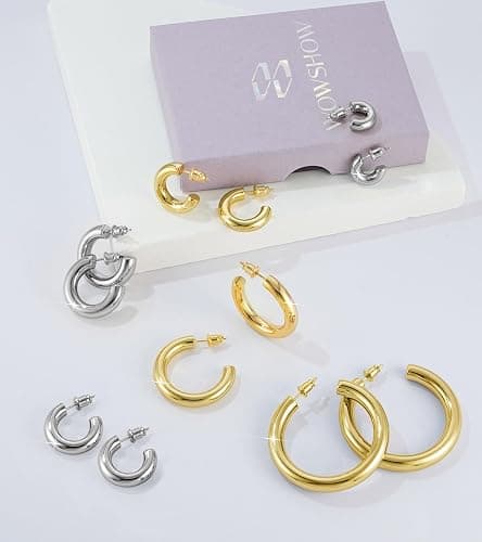 wowshow Gold Hoop Earrings, 14K Gold Plated Chunky Small Hoop Earrings for Women Lightweight Jewelry Gifts 14/20/30/35/45MM thumbnail 5