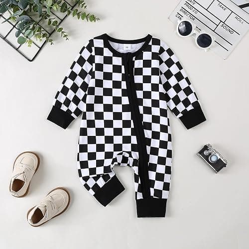 Karuedoo Newborn Baby Boy Girl Clothes Checkered Long Sleeve Zipper Romper Jumpsuit One Piece Bodysuit Fall Winter Outfit thumbnail 2