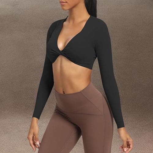 Aoxjox Long Sleeve Crop Tops for Women Sienna Twist Deep V Workout Cropped T Shirt Top thumbnail 7