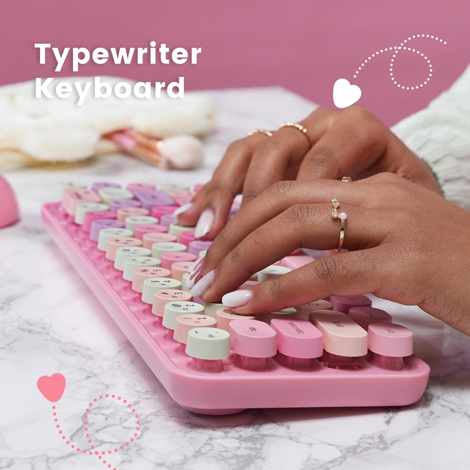 Perixx PERIDUO-802PK Bluetooth Mini Keyboard and Mouse Combo - Retro Round Key Caps - Pastel Pink - US English thumbnail 6