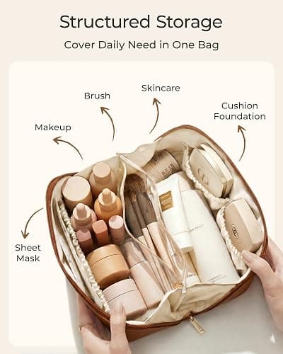 BAGSMART Makeup Bag Travel Cosmetic Bag,Women Toiletry Case, Brushes, Black | Make Up Bag Flat Open Toiletry Bag for Women, PU Leather Travel Essentials Wide-open Skincare,Brushes Organizer Case Large thumbnail 3