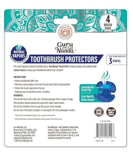 GuruNanda Brush Pods Manual & Electric Toothbrush Covers, 4 ct | Natural Essential Oil Vapors Keep Toothbrushes Fresh|Ventilated Clip-On Travel Toothbrush Accessory for Home & on the Go Use thumbnail 9