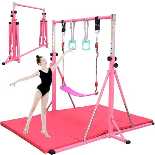 FC FUNCHEER Foldable Gymnastics Bar,5FT Horizontal bar,Adjustable Kids Training bar for Kids Ages 3-15,Kids Gymnastics bar,Triangle Stable Structure-Gym Equipment for Home - Image 1