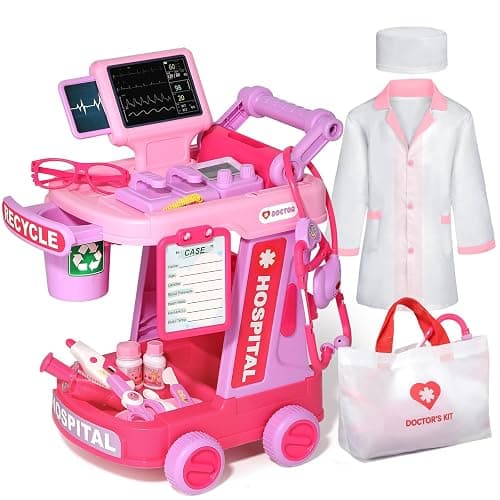Phobby Doctor Kit for Toddlers Aged 3 4 5, Medical Pretend Play Set for Kids with Bag and Costume, Doctor Cart Toy for Girls Boys Birthday Gift (Pink) - Image 1
