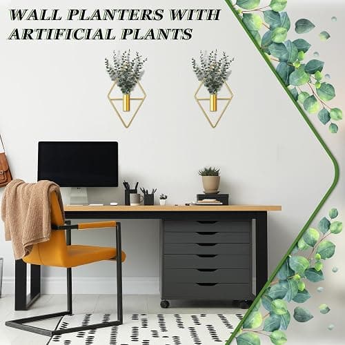 Jexine 4 Pcs Hanging Planters with Artificial Eucalyptus Metal Hanging Vase Indoor Plants Holder Modern Geometric Boho Bathroom Wall Decor for Living Room Home Office (Eucalyptus,Gold) thumbnail 7