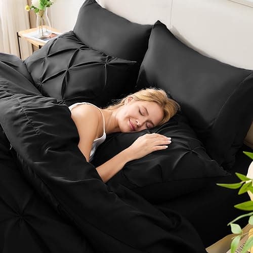 CozyLux Twin Comforter Set with Sheets Black, 5 Pieces Pintuck Bed in A Bag, Twin Bed Set Gift for Family, Pinch Pleat Bedding Set with Comforter, Sheets, Pillowcase & Sham thumbnail 7