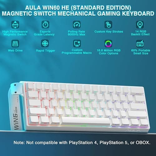 Aula WIN60 HE - 60% Mechanical Gaming Keyboard Wired, Hall Effect Magnetic Switch Hot Swappable, Adjustable Actuation RT Mode, 8000 Hz Polling Rate, RGB Keyboard 60 Percent Compact Design for PC thumbnail 2