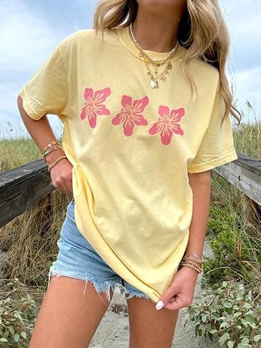 Oversized Graphic Shirt for Teens Girl Y2K Ocean Floral Short Sleeve Baggy Tee Shirts Vintage Aesthetic Coastal Tops thumbnail 3