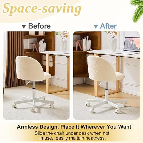VINGLI Candy Chair Armless Cute Desk Chair,Comfy Small Office Chair with Wheels,Vanity Chair Lumbar Support,Teddy Adjustable Rolling Swivel Computer Task Chair for Home Office,Bedroom,Creamy Beige thumbnail 7