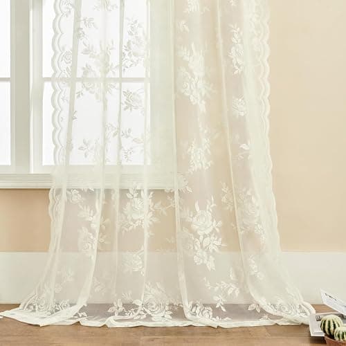 SEEKRIGHT Ivory Lace Curtains 80 Inches Long 2 Panels Victorian Floral Sheer for Bedroom Living Room Rod Pocket Light Filtering Cream Window Decor for Dining Room Home Office, 52x80 thumbnail 5