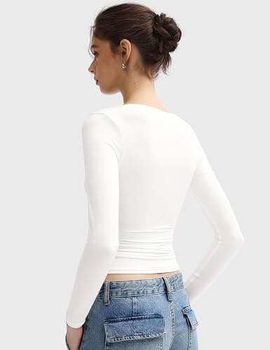 PUMIEY Women's Long Sleeve T Shirts Scoop Neck Slim Fit Going Out Tops Double Lined Basic Tee Smoke Cloud Collection thumbnail 4
