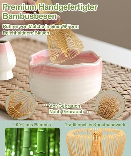 JBER Matcha Besen Set, Matcha Set 7-Teiliges - Bambus Matcha Whisk, Matcha Schale mit Auslauf, Besen Halter, Sieb, Löffel und Halter, Japanisches Matcha Kit für Matcha-Liebhaber, Farbverlauf Rosa thumbnail 4