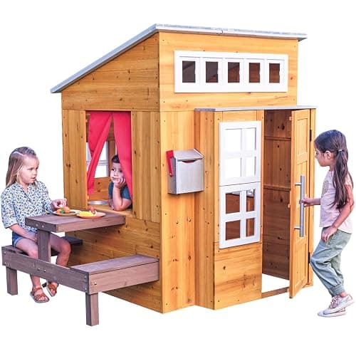 KidKraft Modern Outdoor Wooden Playhouse with Picnic Table, Mailbox and Outdoor Grill ,Gift for Ages 3+ - Image 1