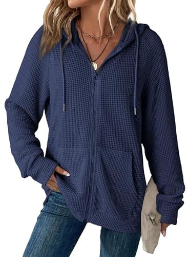 Dokotoo Women's Full Zip Up Hoodies Waffle Knit Long Sleeve Drawstring Casual Sweatshirt Hooded Tops - Image 1