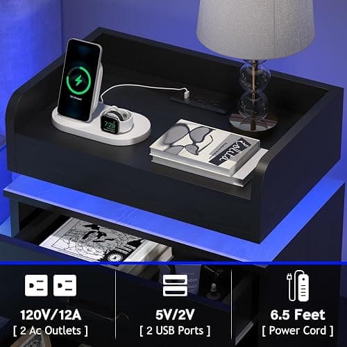 4ever2buy Black Nightstand with Charging Station and LED Lights | 2 Drawer Night Stand for Bedroom, Modern Bedside Tables End Table for Living Room thumbnail 3