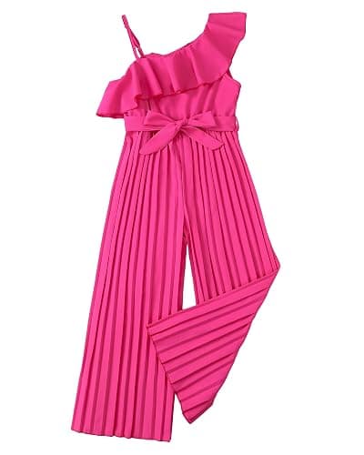 YOURUIKEY Girls' Jumpsuit Kids Ruffle Trim Halter Waist Belt Wide Leg Pleated Long Romper Tween Gilrs Summer Outfit Size 8-12 - Image 1