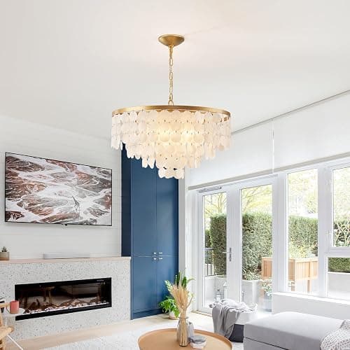 HLMRCHEN 24" Capiz Shell Chandelier, 5 Light Gold Dining Room Light Fixture Modern Coastal Chandeliers for Bedroom Bathroom Kitchen and Foyer(White Seashell Lighting Fixtures) thumbnail 7