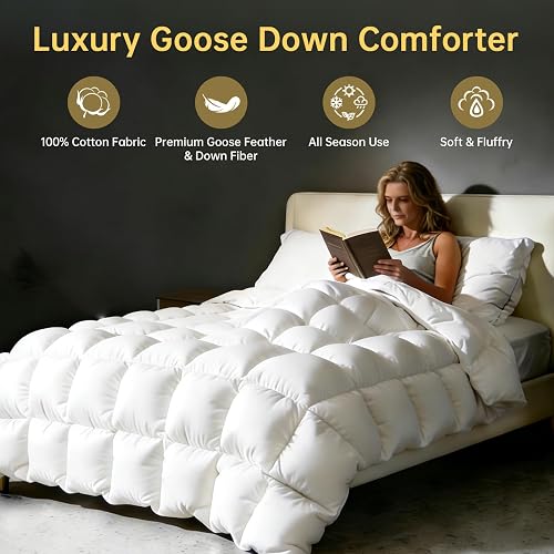Goose Down Comforters 100% Oganic Cotton Shell California King Size Comforter Luxury Duvet Insert, All Season White Bed Comforter Medium Warmth Goose Down Duvet,430 Thread (Cali King 104x96) thumbnail 2