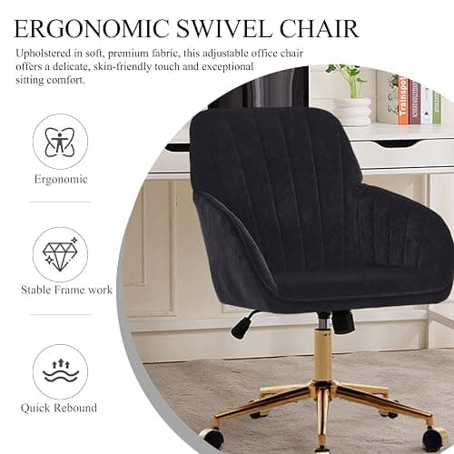 Klwenas Maec Black Velvet Vanity Chair with Arm Rest for Home Office | Upholstered Swivel Desk Chair with Wheels for Bedroom Living Room Make-up Room,Height Adjustable, Ergonomic Back,Metal Base thumbnail 6