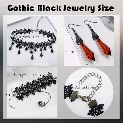 Gothic Black Necklace for Women Victorian Velvet Leather Lace Collar Necklace Adjustable Layered Heart Cross Choker Red Crystal Bat Earrings Goth Jewelry for Halloween thumbnail 6