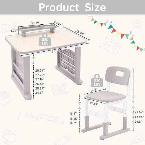 GITAWUSA Kids Desk and Chair Set, Height Adjustable Childrens Study Desk, Graffiti Table for 3-12 Years, Kids Art Table with Side Bookshelf and Storage, Multi-Functional for Bedroom & Study Room(Grey) thumbnail 2