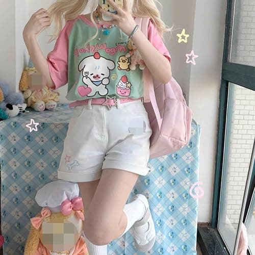 Pokn Y2k Kawaii Shirts for Women Cartoon Graphic Cute Cat Tees Off Shoulder Cutecore Shirts Harajuku Fashion Top thumbnail 5