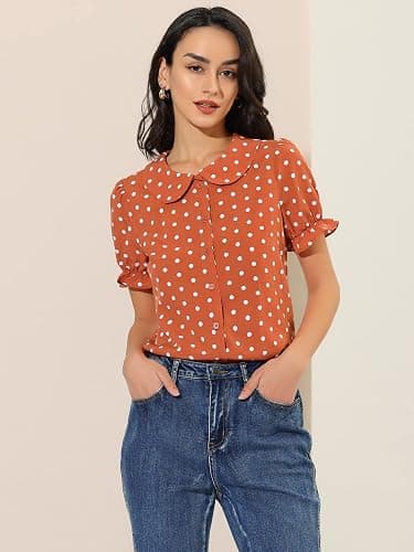 Allegra K Women's Polka Dots Shirt Short Puff Sleeve Vintage Button Up Peter Pan Collar Blouse Tops thumbnail 3