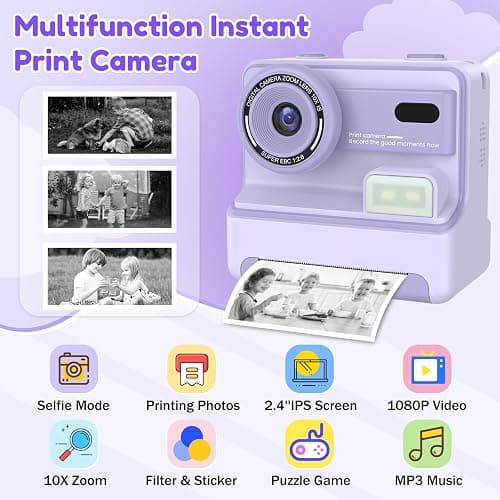 Kids Camera Instant Print, Instant Camera with 1080P Videos, Front Rear Dual Selfie instant print camera with 3 Rolls Print Paper & 32GB SD Cards, Christmas Birthday Gifts for Girls Age 3-12 (Purple) thumbnail 2