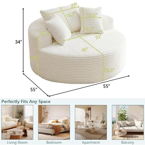 LUCKHAO 55'' Oversized Accent Chair, Comfy Corduroy Single Sofa with 3 Pillows, Upholstered Round Chair with Extra-Wide & Deep Seat for Living Room & Bedroom, White thumbnail 2