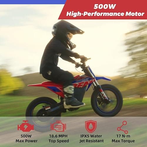 RFN SX-E350 36V Electric-Dirt-Bike, MAX 500W Electric Motorcycle 18.6 mph Max Speed & 11.2 Mile Range, 3-Speed Electric Bike for Kids Ages 4-8 thumbnail 4