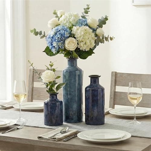 Blue Ceramic Vase Set - 3 Blue Small Vases, Farmhouse Country Flower Vase Home Decor, Living Room Decoration, Table Decoration, Fireplace Decor, and Entrance Decorations Centerpieces thumbnail 2