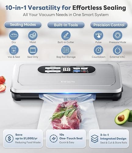 Vacuum Sealer Machine with AirLock ProSeal System, 10-in-1 Vacuum Sealer for Food, Dry & Moist Modes, Compact Design with Digital Timer, Built-in Cutter & Roll Storage, Stainless Steel thumbnail 3