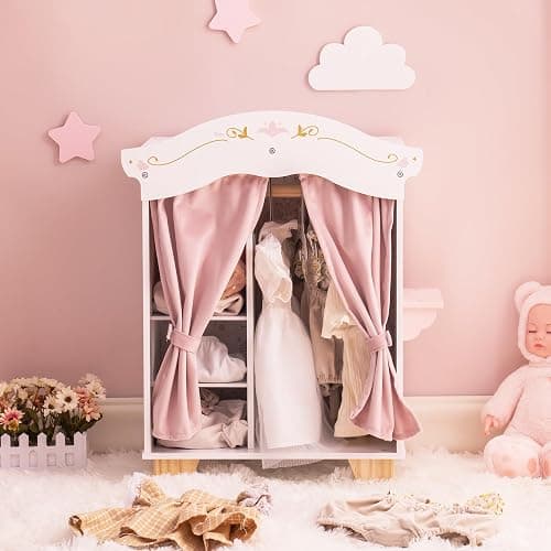 ROBUD Wooden Play Armoire Closet for Dolls, Doll Closet Furniture Wardrobe with 5 Hangers, Mirror, Velvet Curtains, Fit for 16-20in American Girl Doll Clothes, Gift for Boys & Girls, 3+ thumbnail 9