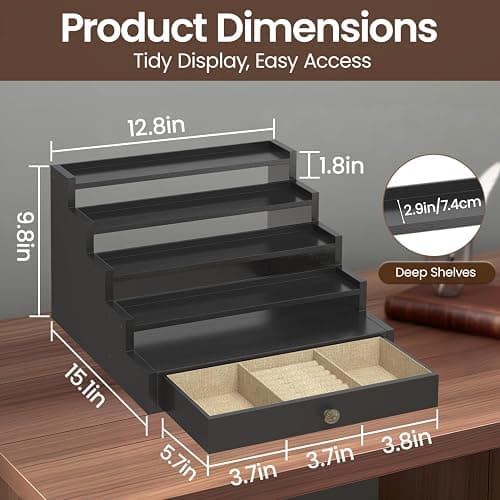 MODOWEY Perfume Organizer Cologne Holder Stand for Men, Wooden Wide-Spaced Shelf with Drawer, 5 Tier Large Capacity Storage Rack for Dresser Countertop, for a Neat, Accessible Fragrance Display, Black thumbnail 3