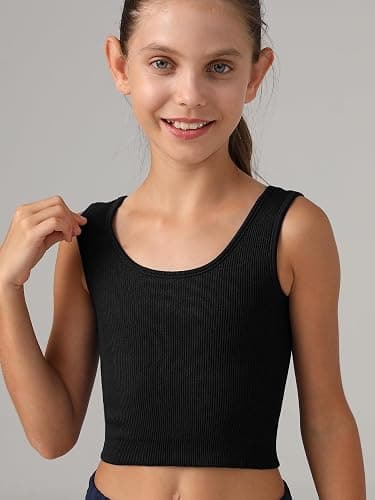 Girls Tank Tops Double Lined Ribbed Knit Crop Tops 2 Pack Basic Sleeveless Athletic Round Neck Dance Top thumbnail 3