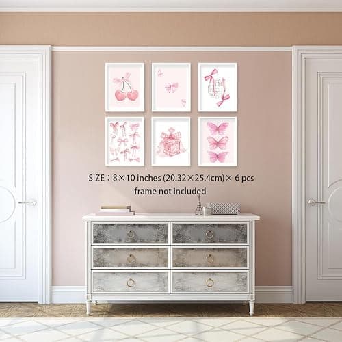 HNNXAR Coquette Trendy Preppy Poster Wall Art Set Of 6 Pink Bow Cherry Disco Ball Butterfly Canvas Picture Prints Decor Aesthetic For Girls Room College Dorm Apartment Bedroom 8x10 Unframed thumbnail 4